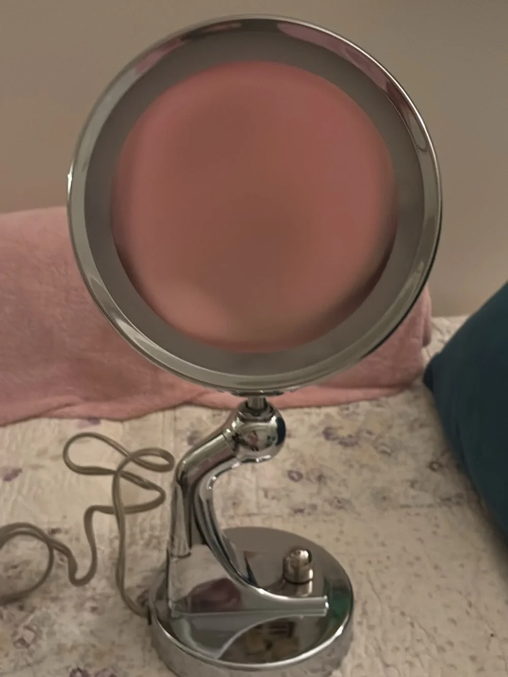 Polished Silver Double-Sided Vanity Mirror with Swivel Stand . 18 “ tall 6” base